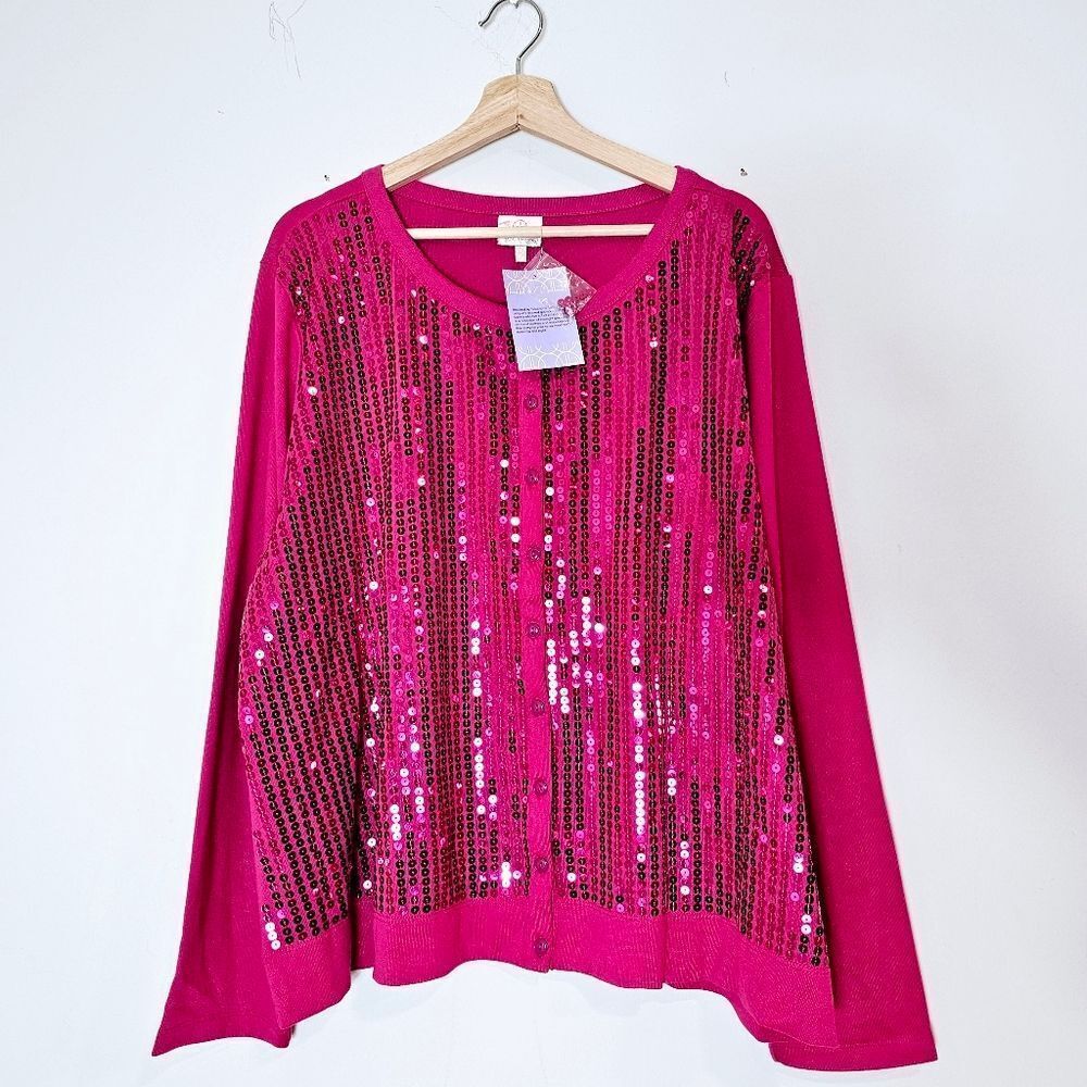 NWT Hot In Hollwood Fuchia Pink Sequin Front Button Cardigan Size 3X
